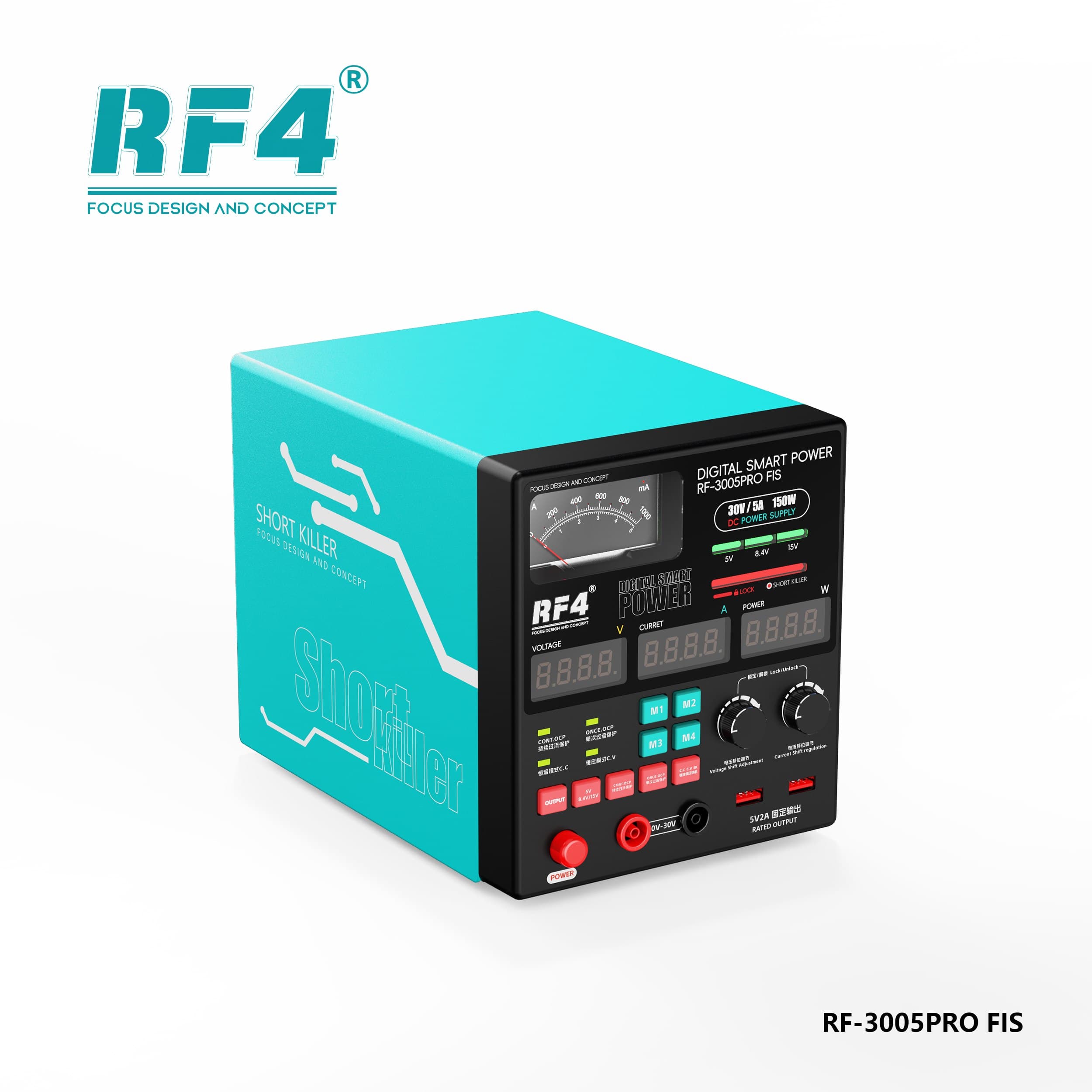 Fonte RF4 RF-3005PRO FIS — vista frontal com ponteiro analógico e displays digitais