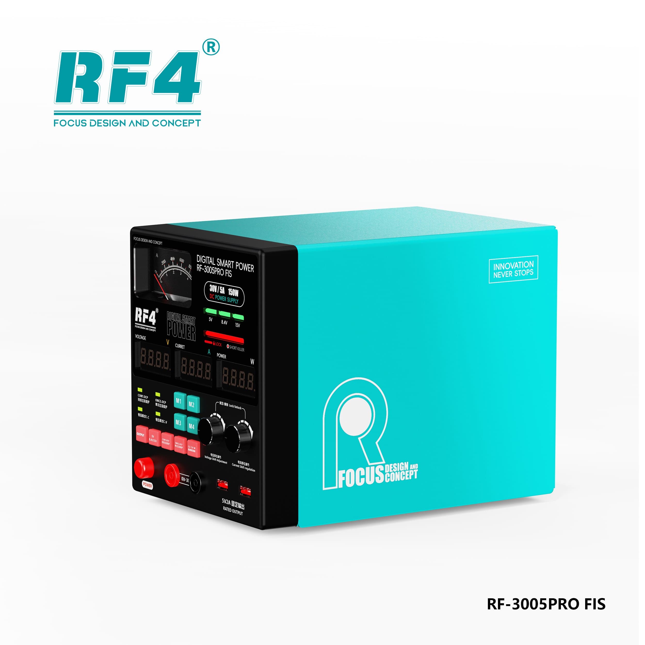 RF4 RF-3005PRO FIS — vista frontal em ângulo, painel com ponteiro e controles