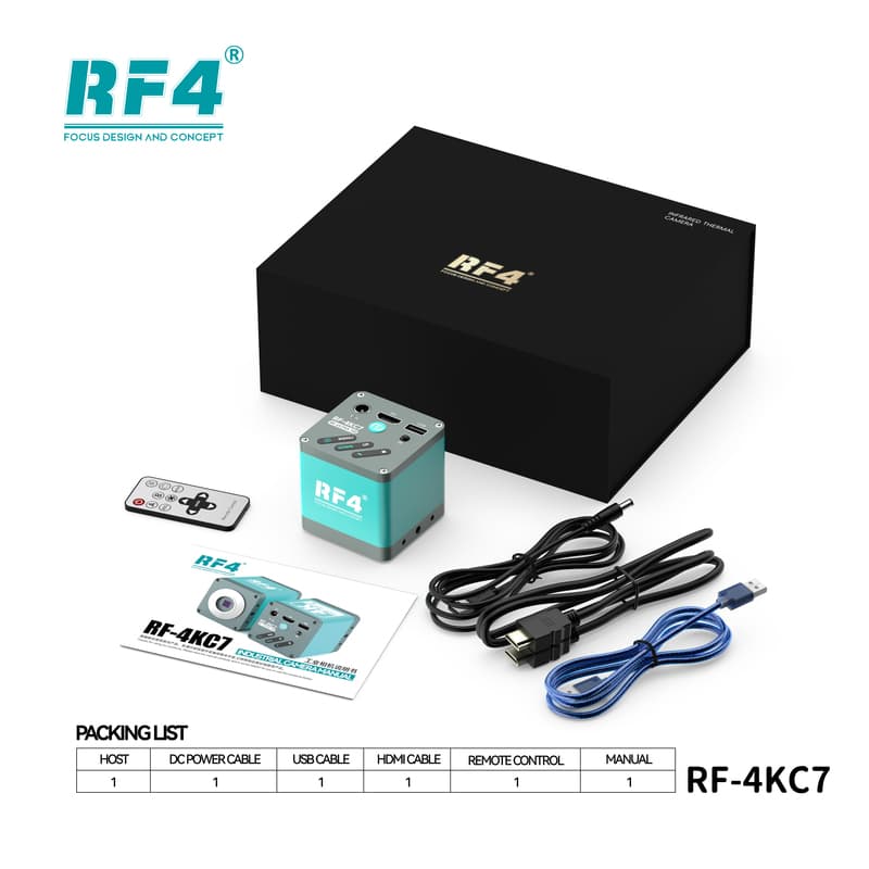 RF-4KC7 — itens inclusos: controle remoto, cabos HDMI e USB, fonte e manual
