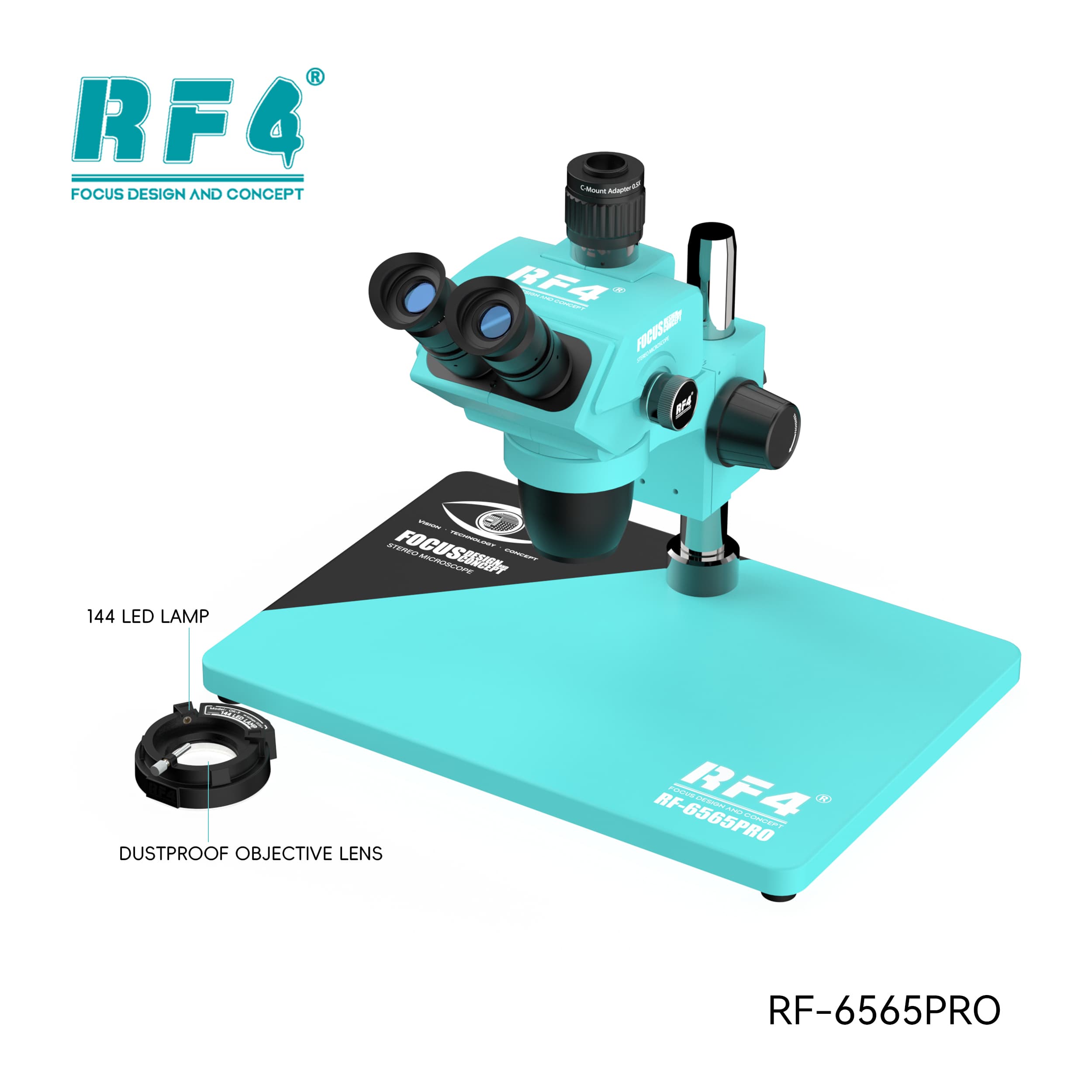 Microscópio Trinocular RF4 RF-6565PRO — recursos (144 LEDs, lente à prova de poeira)
