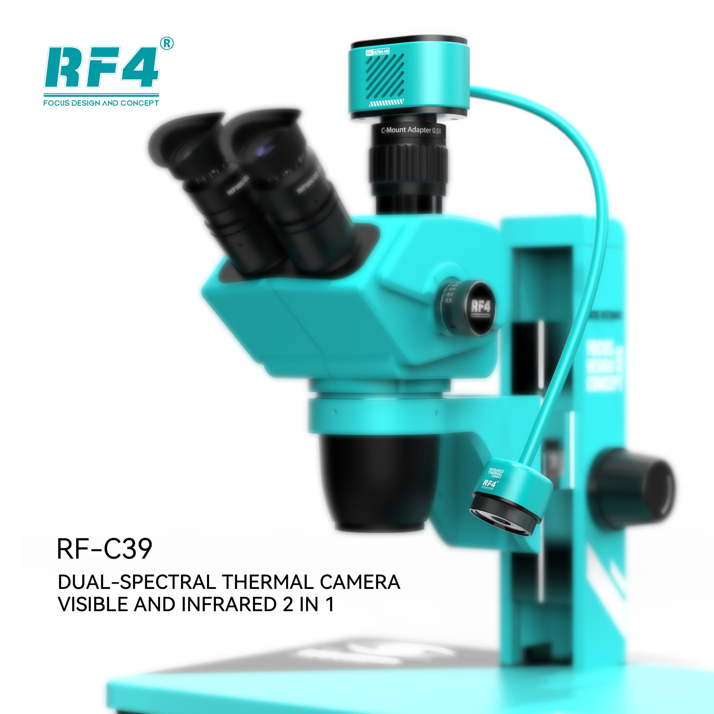 RF-C39 montada em microscópio trinocular com adaptador C-Mount 0.5X e cabeçote térmico