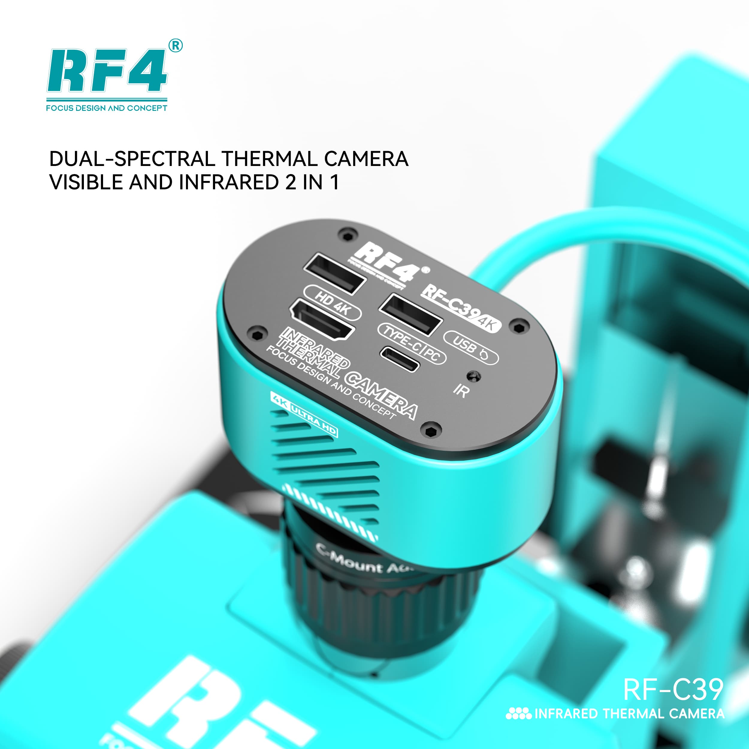 RF-C39 — detalhe das portas: HDMI 4K, USB, Type-C/PC e IR