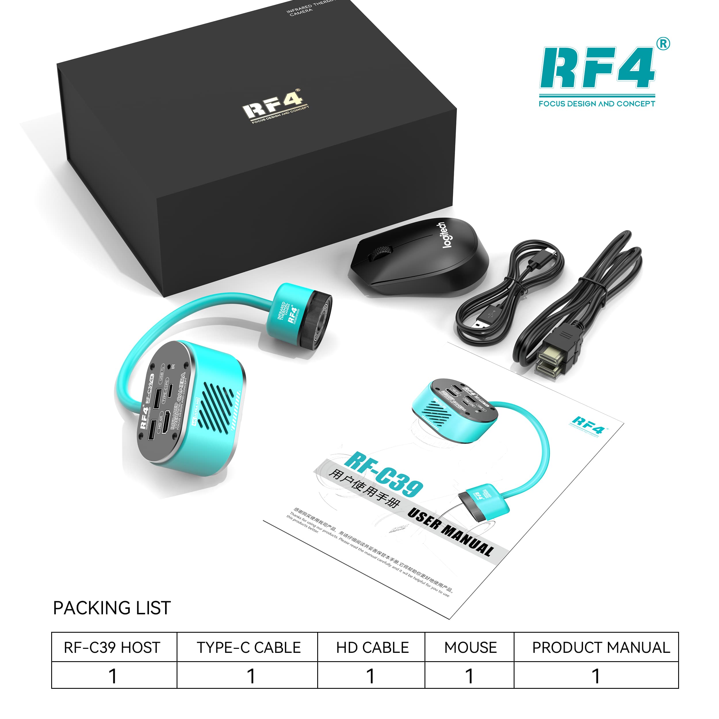 RF-C39 — itens inclusos: câmera, cabo Type-C, cabo HDMI, mouse e manual