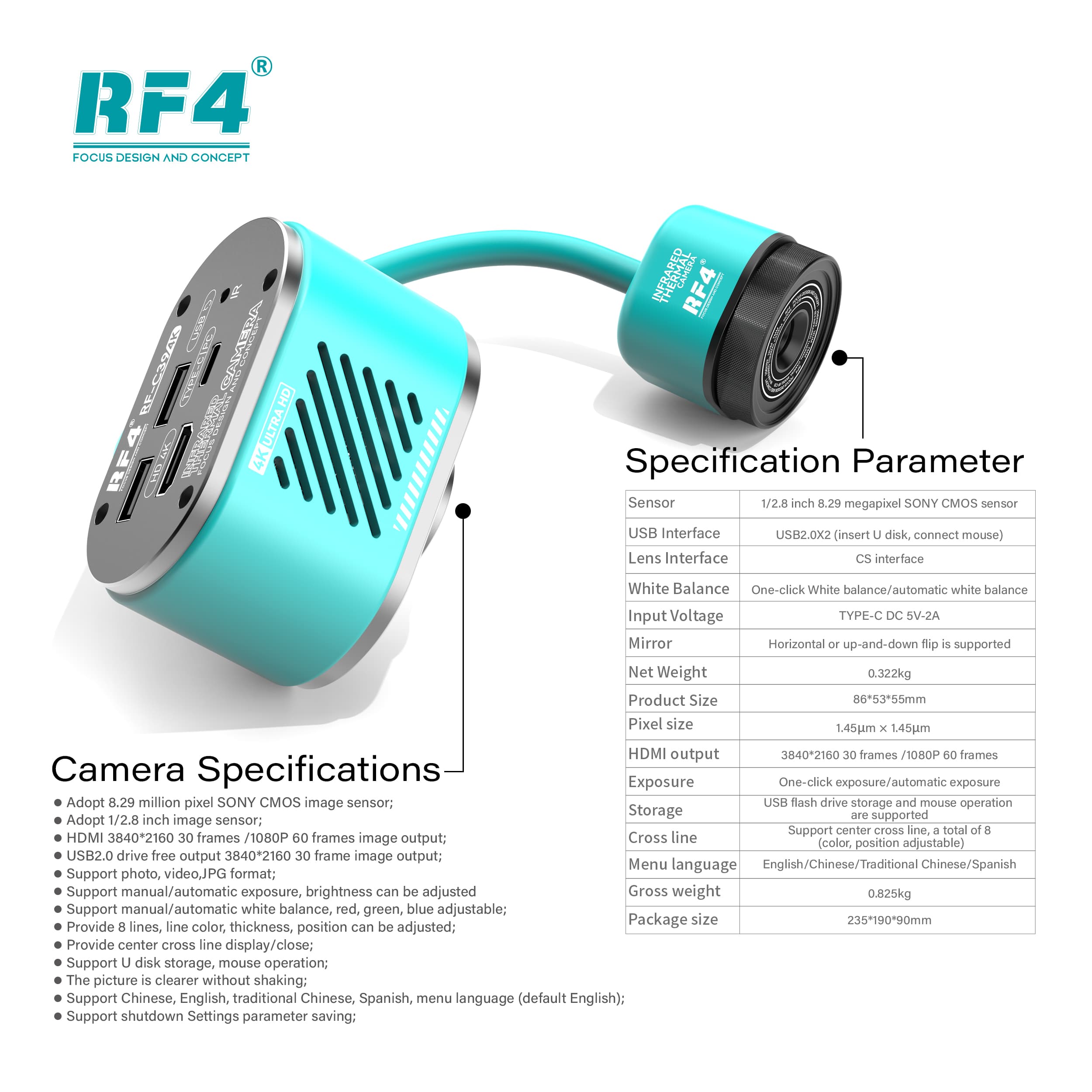RF-C39 — especificações: sensor Sony 8,29MP, HDMI 4K, encaixe CS, retícula de 8 linhas