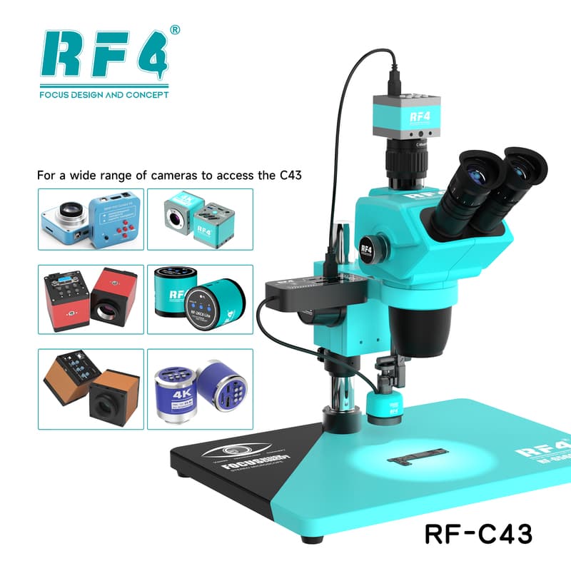 RF-C43 acoplada a um microscópio, compatível com diversas câmeras