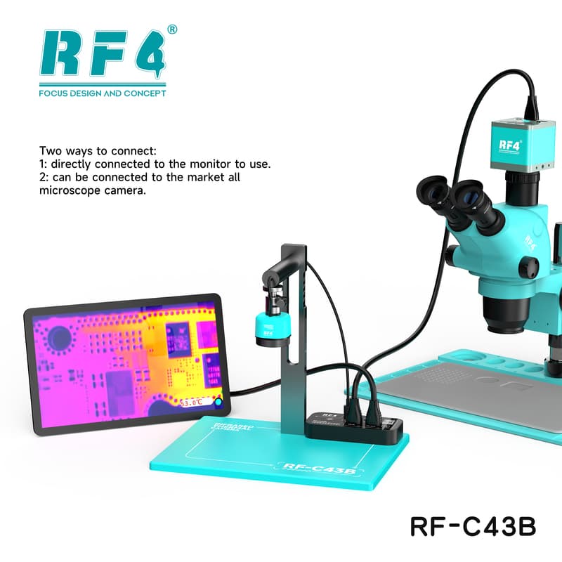 RF-C43B — monitor mostrando o mapa de calor de uma placa e as duas formas de conectar