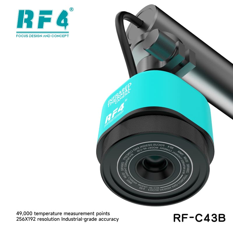 RF-C43B — close-up do cabeçote da câmera térmica (resolução 256×192, 49.000 pontos de medição)