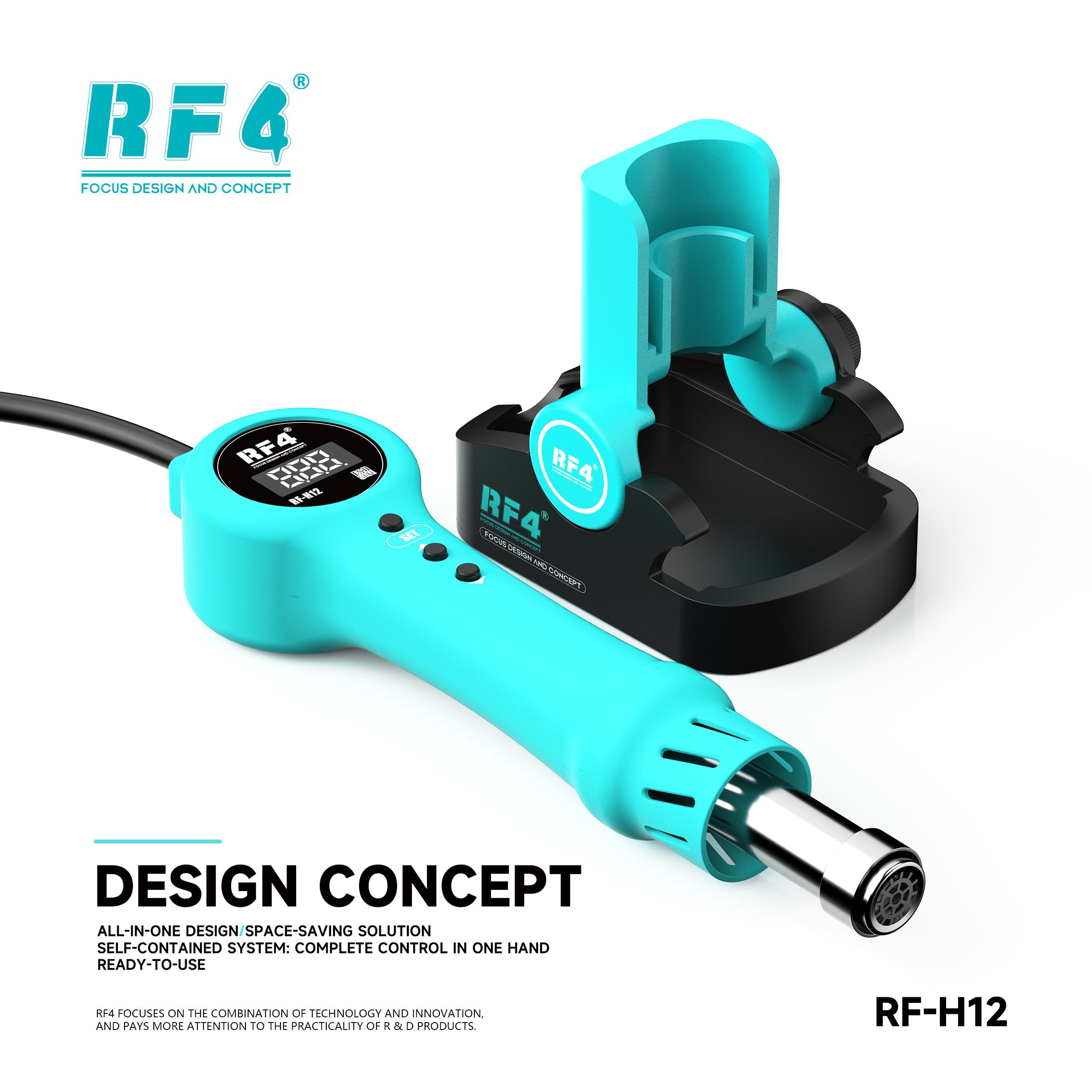 RF4 RF-H12 — conceito all-in-one: controle completo em uma mão, pronta pra usar