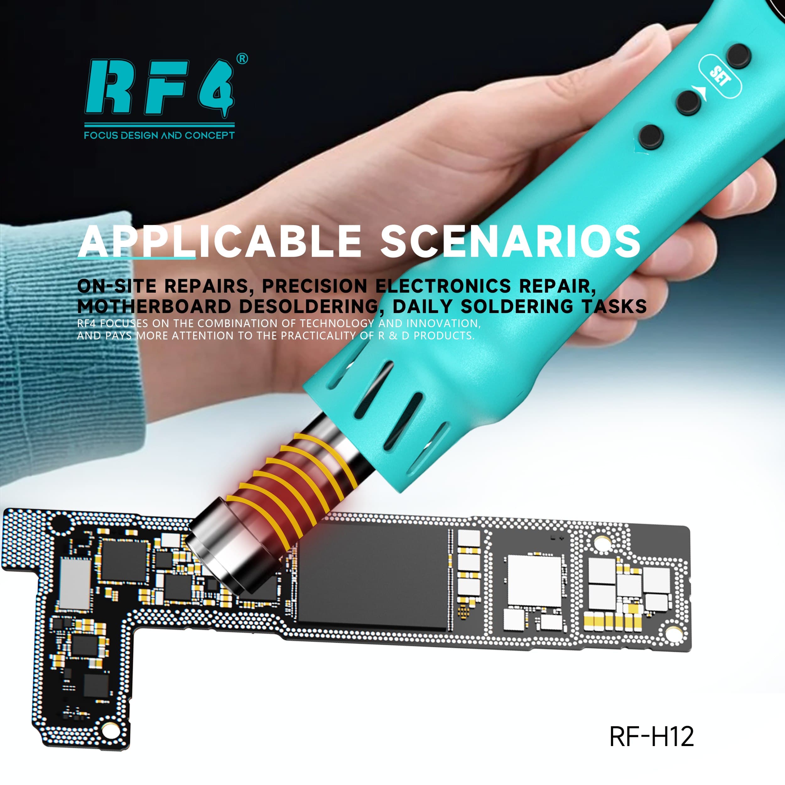 RF4 RF-H12 — aplicações: reparo em campo, precisão, dessoldagem de placa-mãe e solda diária