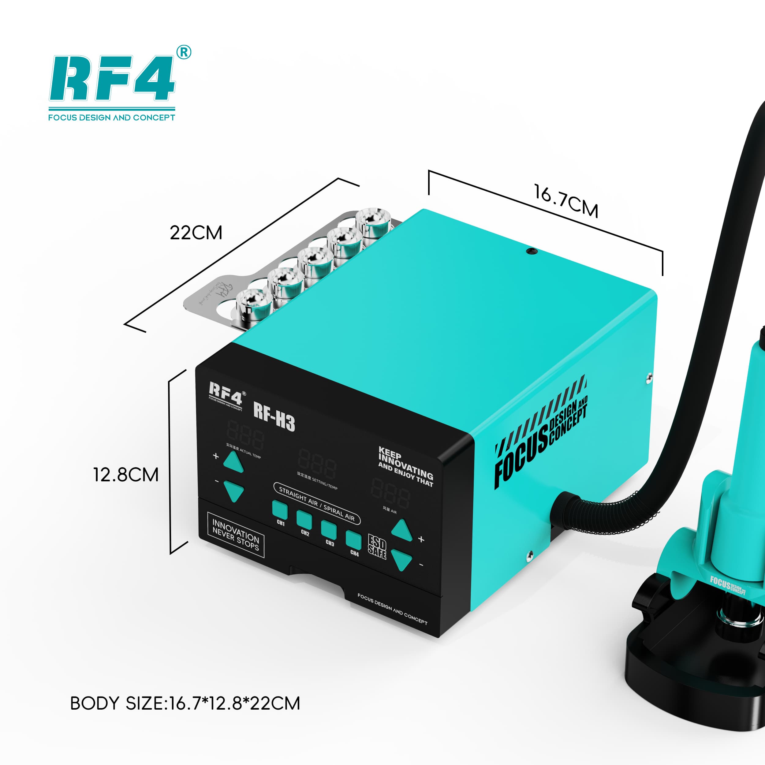 RF4 RF-H3 — dimensões do corpo: 16,7 × 12,8 × 22 cm, com suporte lateral de bocais