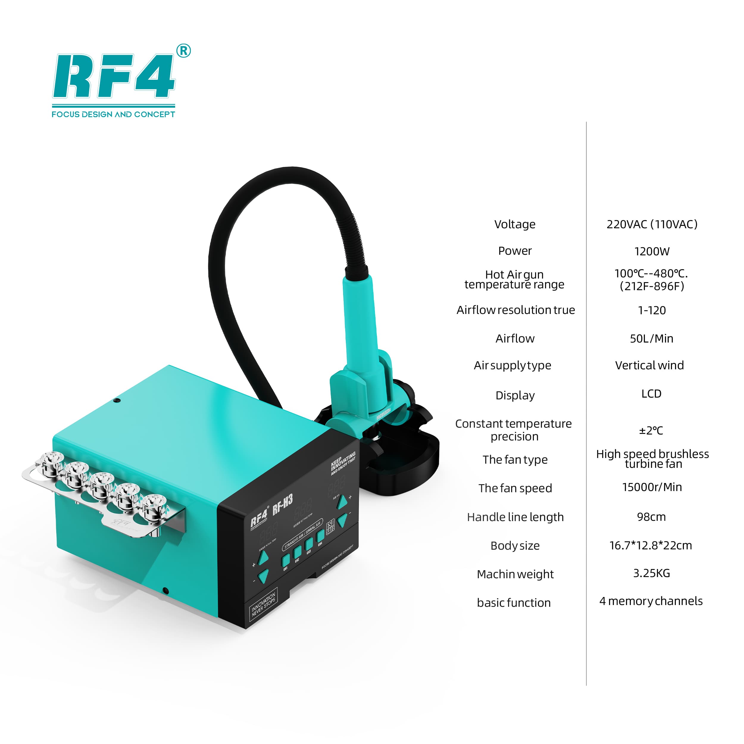 RF4 RF-H3 — ficha técnica: 1200W, 100–480°C ±2°C, 50L/min, turbina brushless 15.000 rpm, 4 memórias