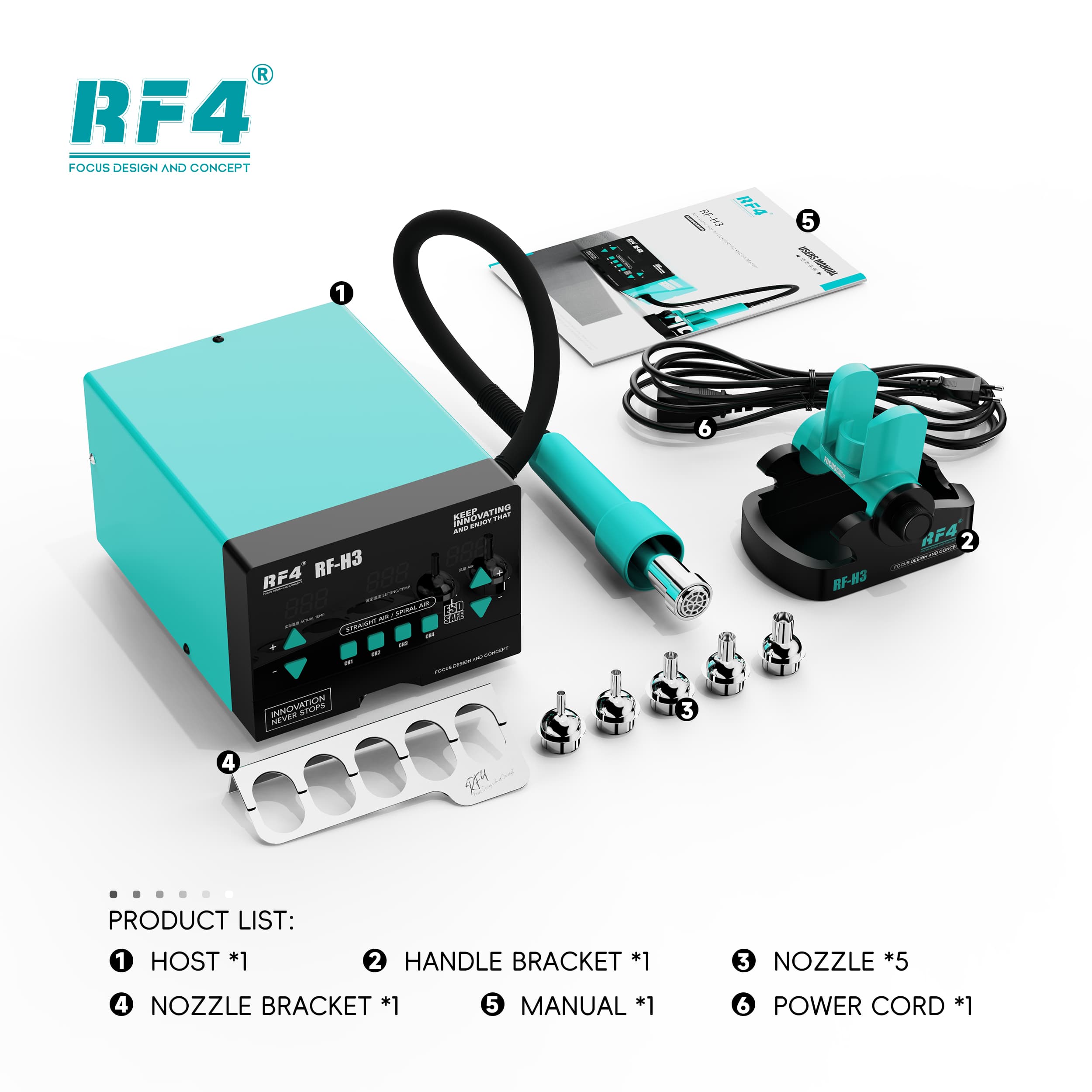 RF4 RF-H3 — itens inclusos: estação, suporte da alça, 5 bocais, suporte de bocais, manual e cabo