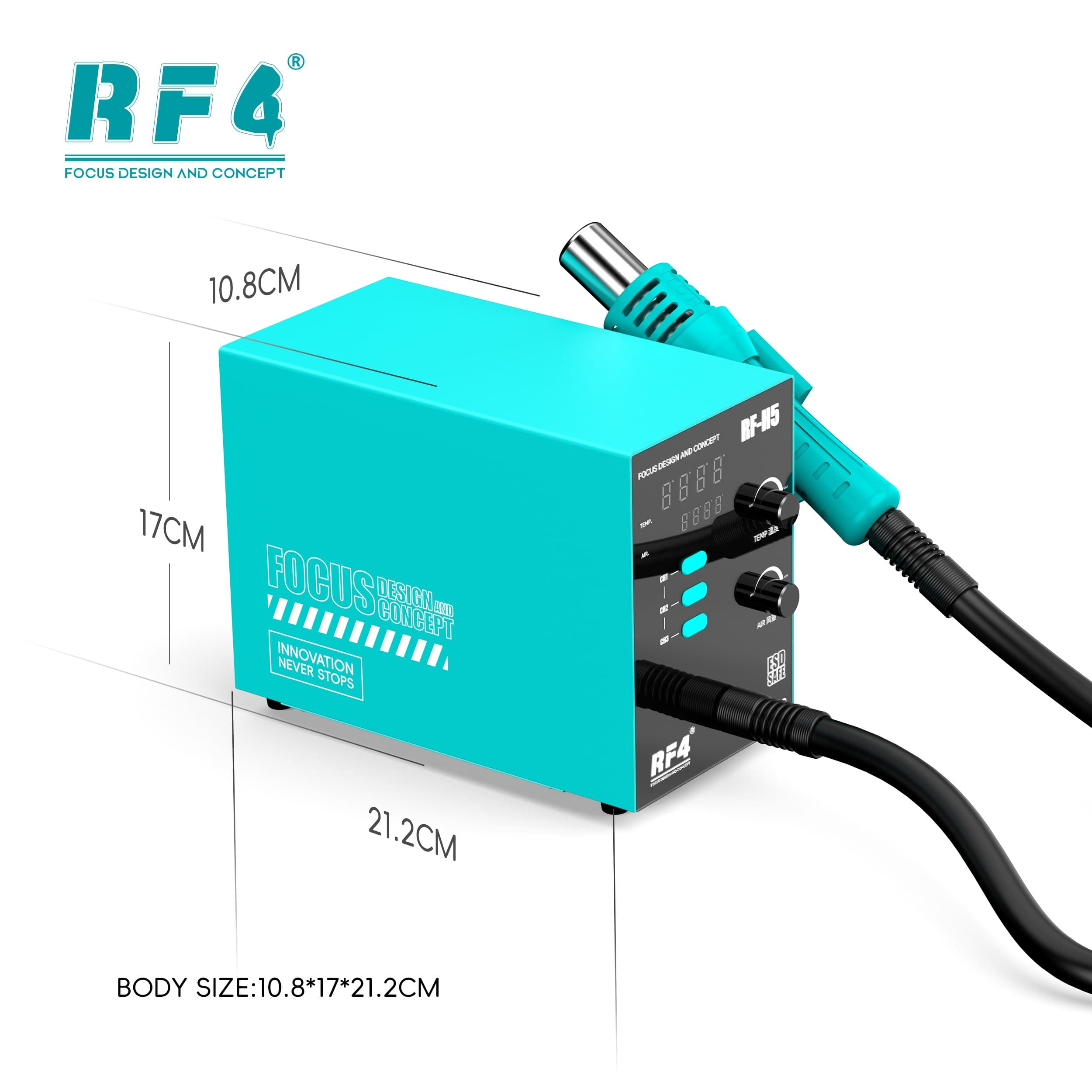 RF4 RF-H5 — dimensões do corpo: 10,8 × 17 × 21,2 cm