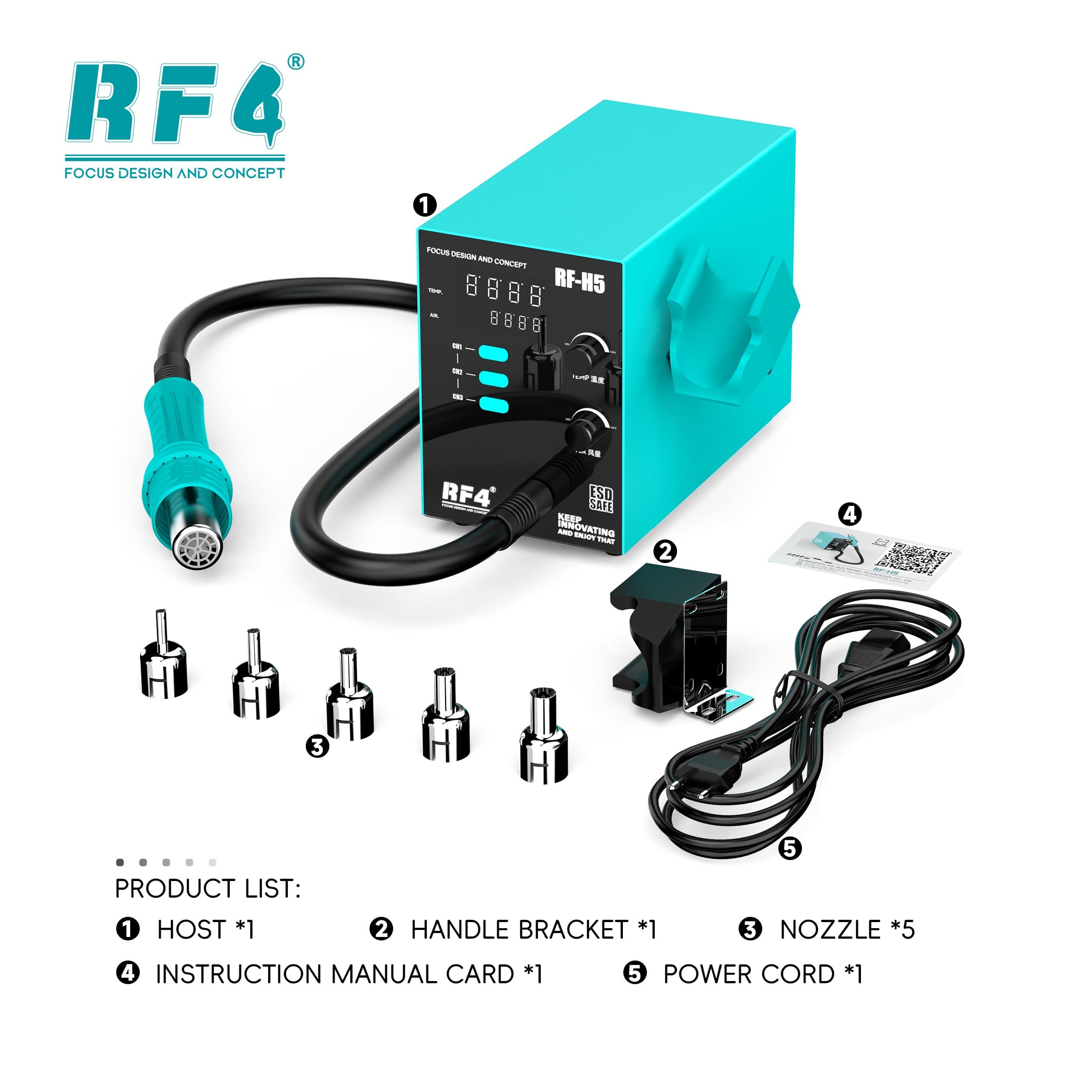 RF4 RF-H5 — itens inclusos: estação, suporte da alça, 5 bocais, cartão manual e cabo de força
