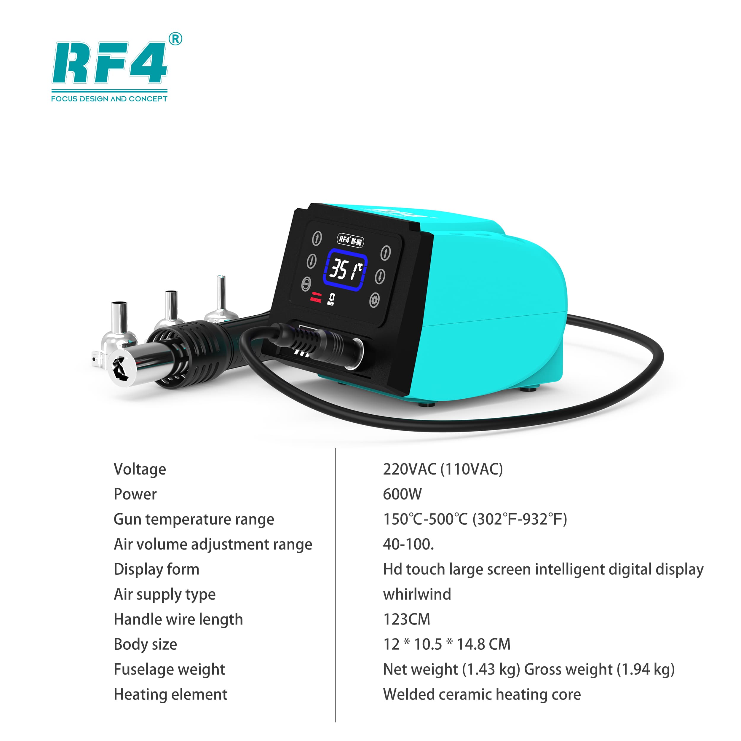 RF4 RF-H6 — ficha técnica: 600W, 150–500°C, fluxo 40–100, touch HD, 123 cm de cabo, 1,43 kg