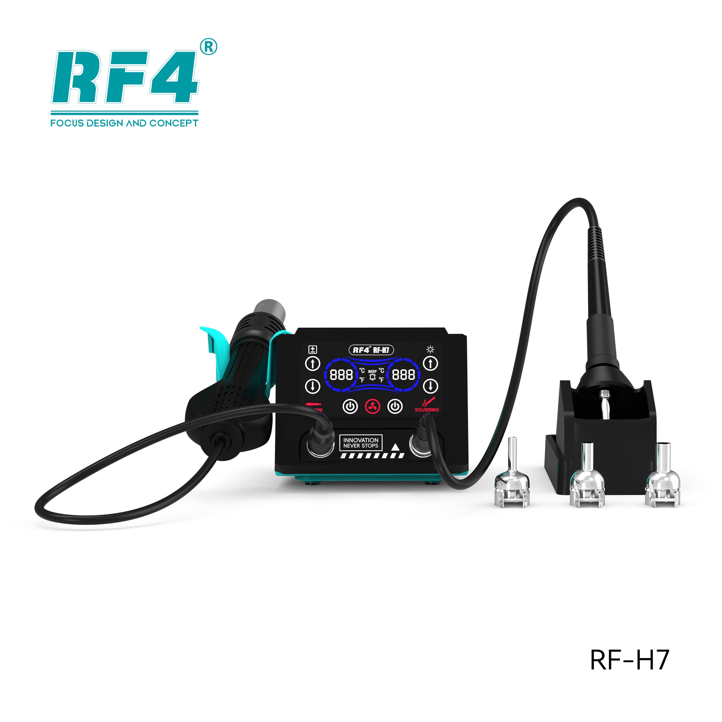 Estação de Solda e Ar Quente RF4 RF-H7 — vista frontal com soprador, ferro no suporte e 3 bocais