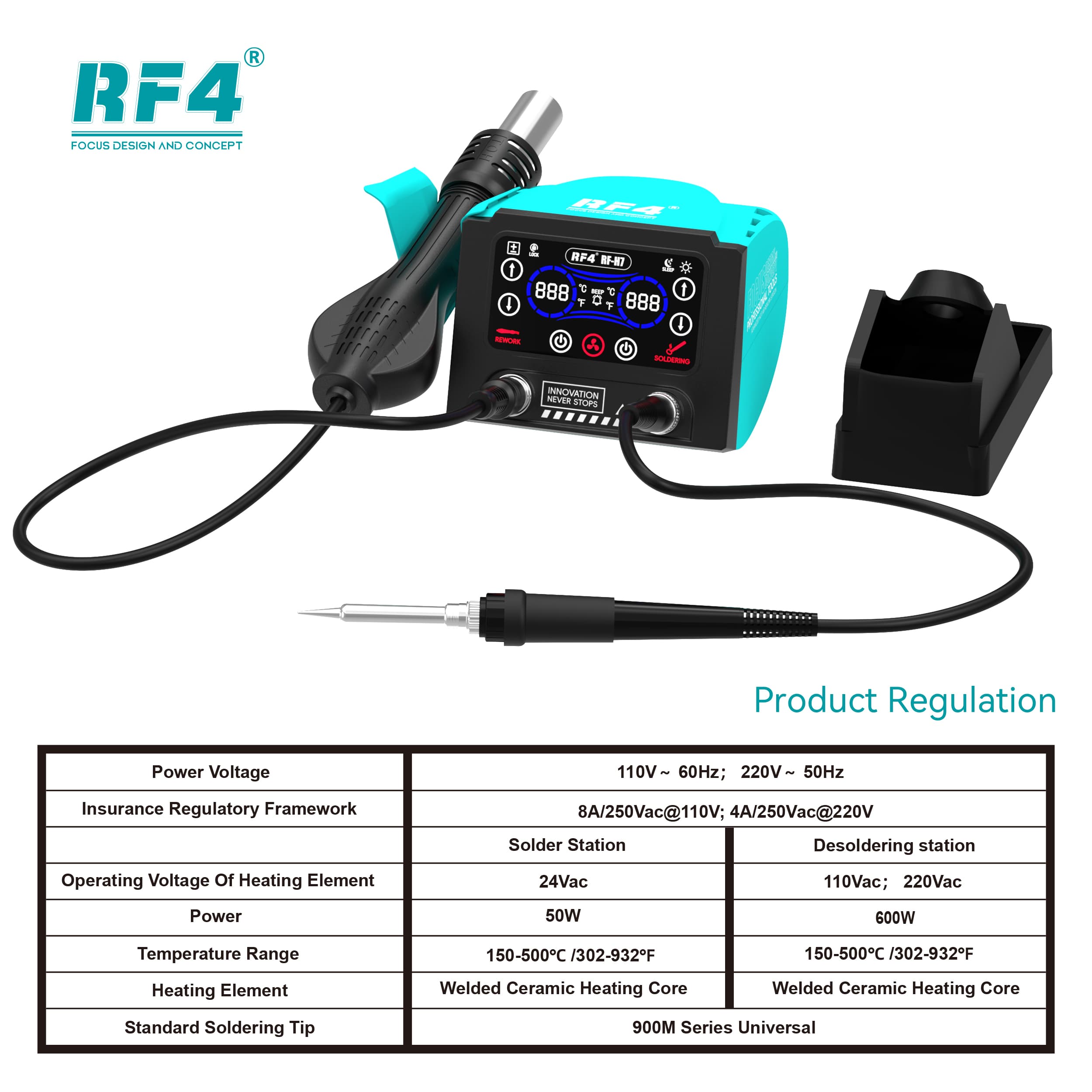 RF4 RF-H7 — ficha técnica: ferro 50W e ar quente 600W, 150–500°C, núcleo cerâmico, ponteira 900M