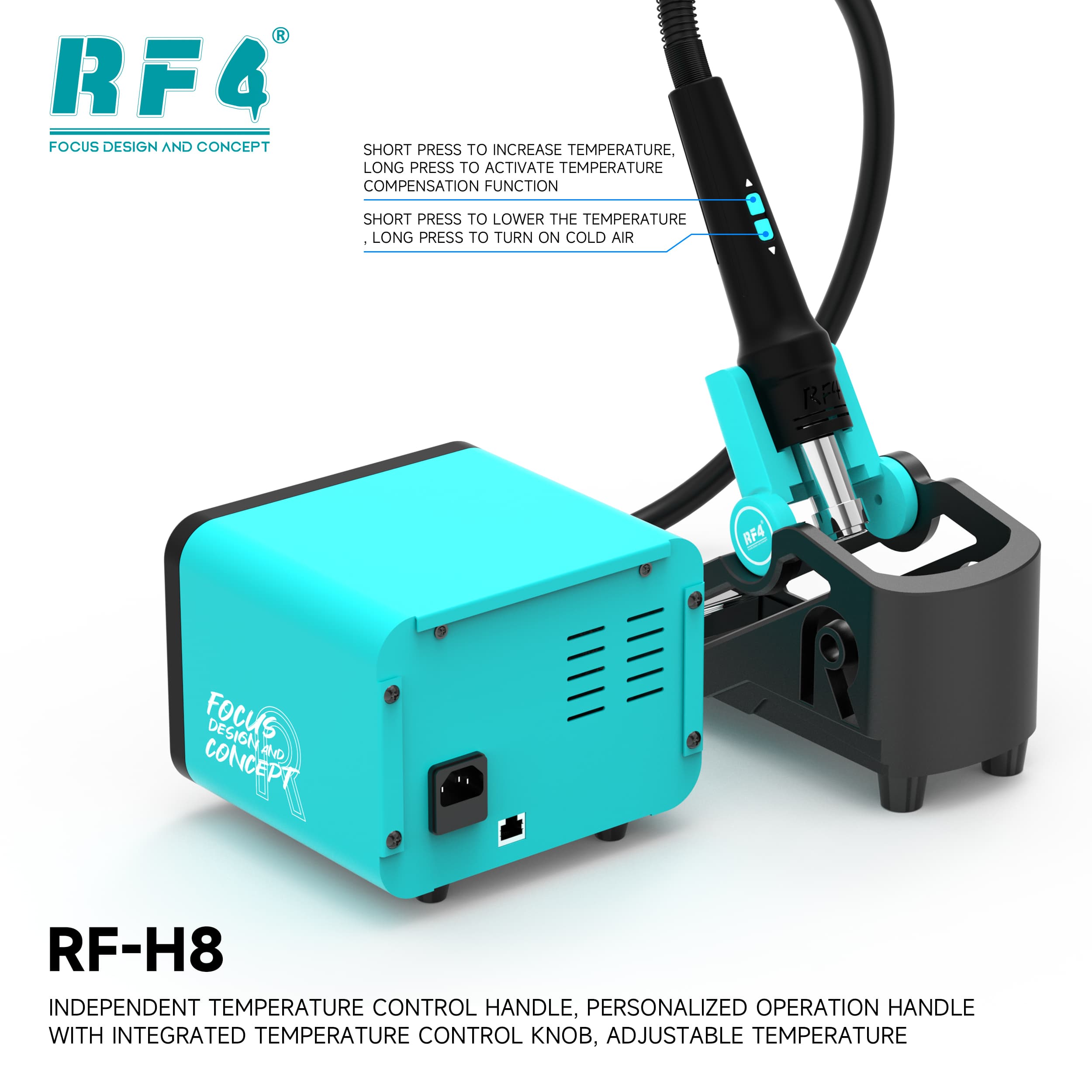 RF4 RF-H8 — alça inteligente: toque ajusta temperatura, segurar ▲ boost, segurar ▼ ar frio