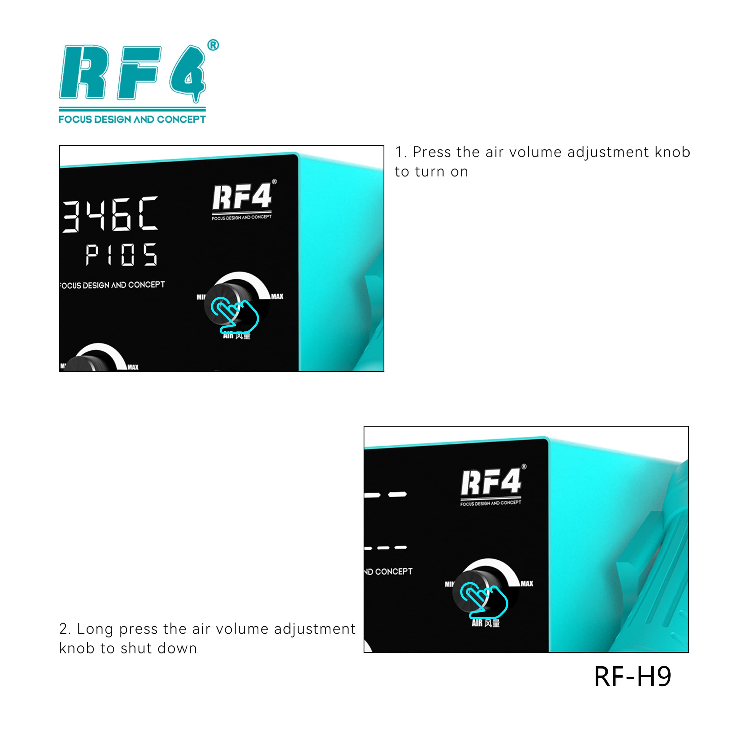 RF4 RF-H9 — pressione o knob de ar para ligar; segure para desligar