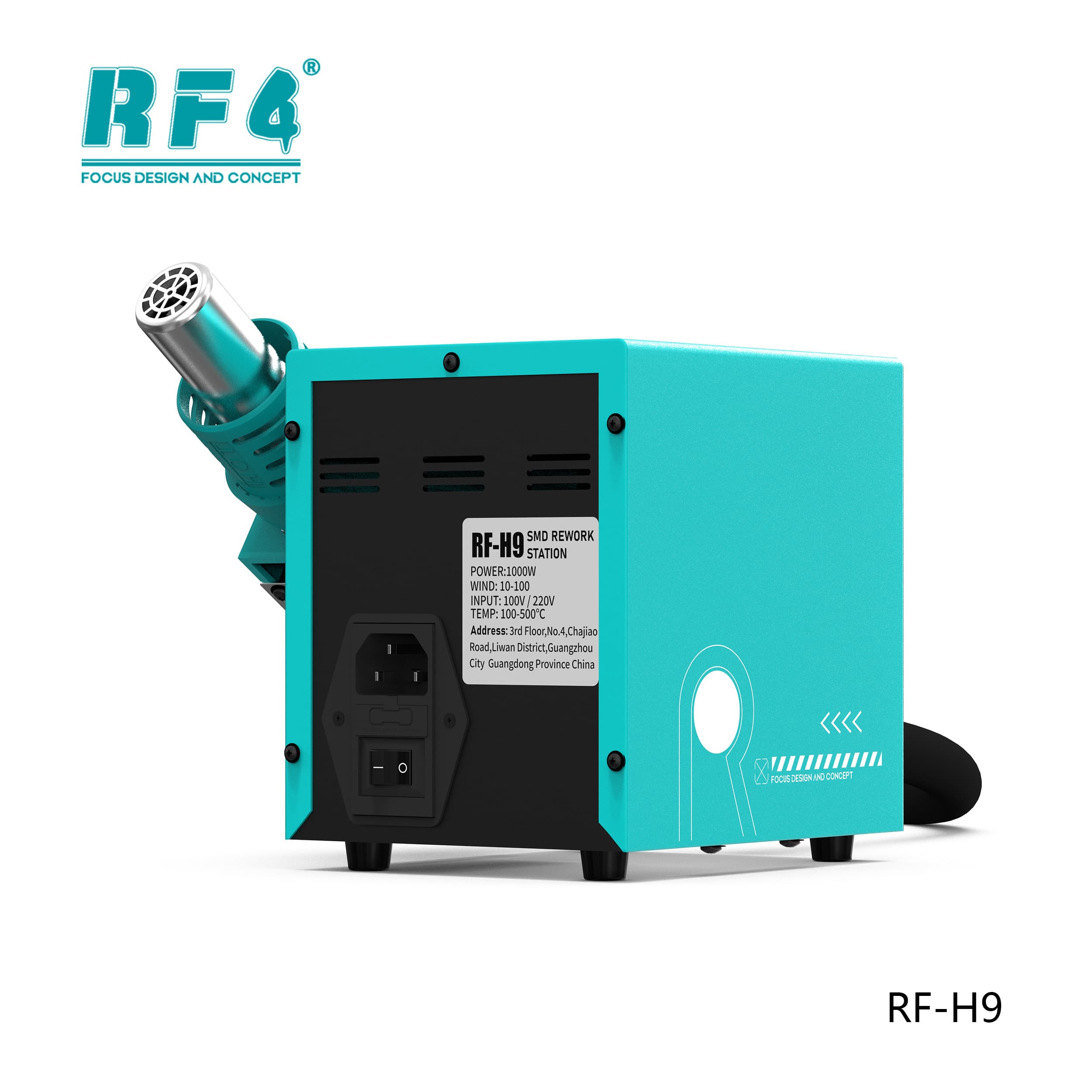 RF4 RF-H9 — traseira com etiqueta: 1000W, fluxo 10–100, 100/220V, 100–500°C