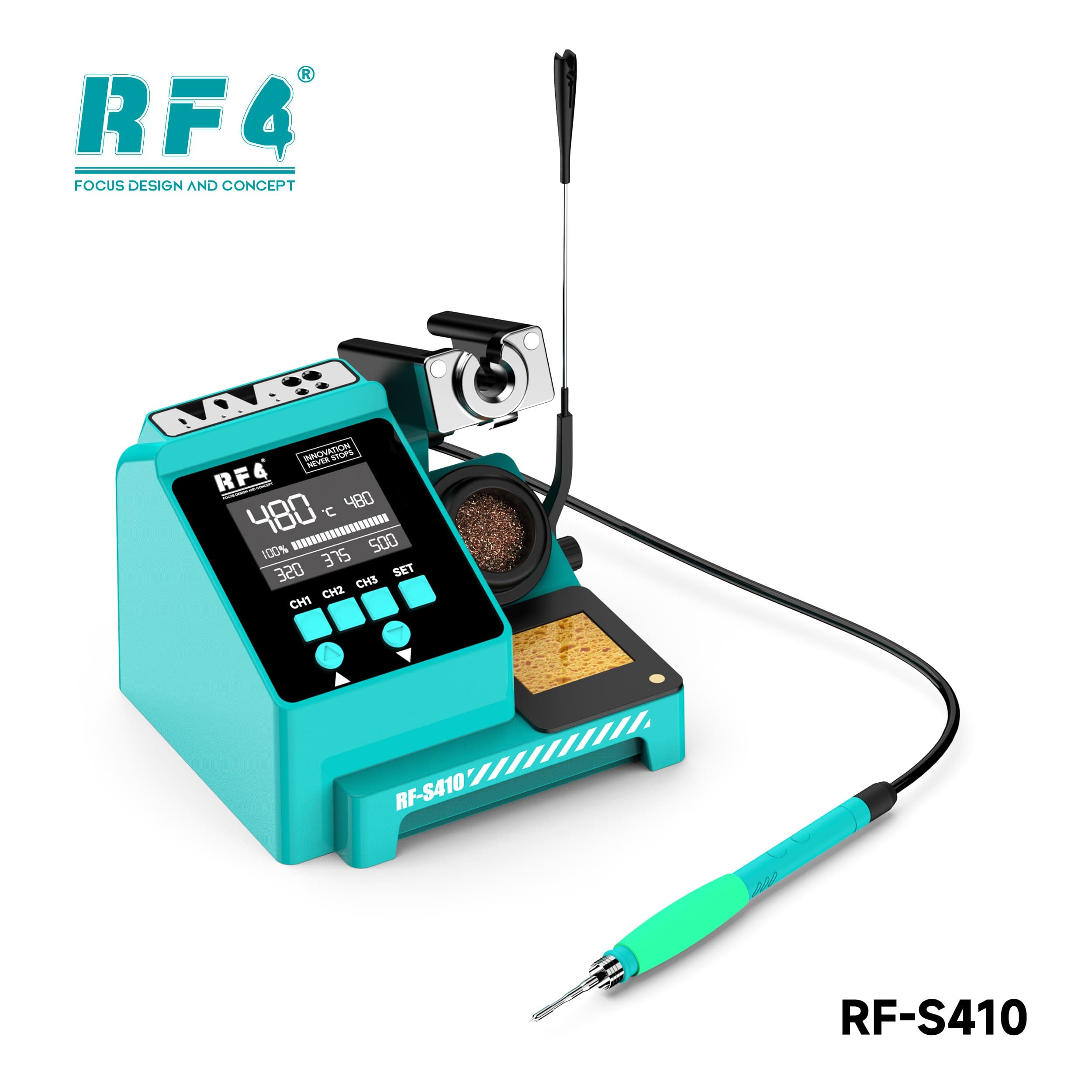 RF4 RF-S410 — vista em ângulo da estação antiestática com ferro de solda e suporte