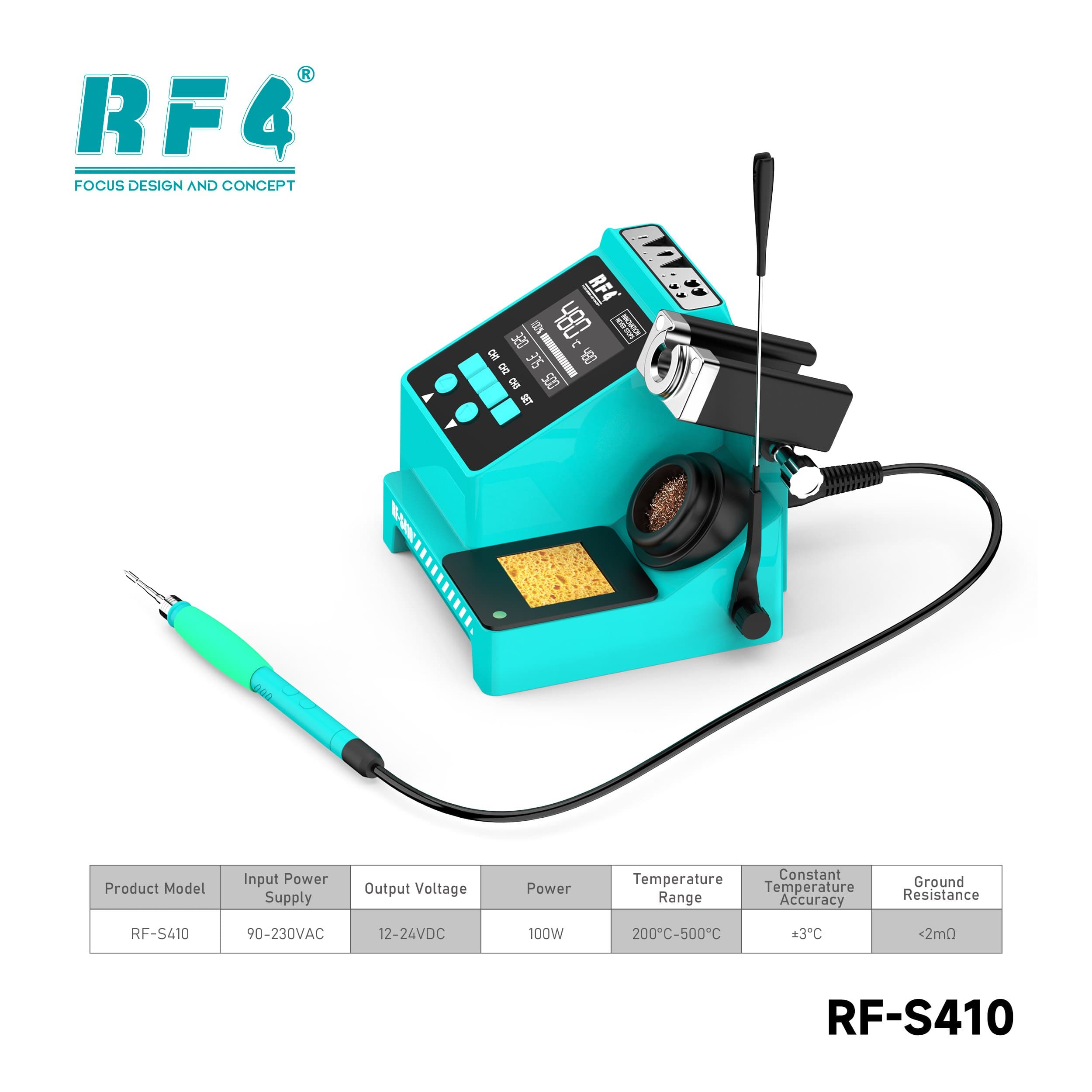 RF4 RF-S410 — ficha técnica: 100W, 90–230VAC, saída 12–24VDC, 200–500°C, ±3°C, aterramento <2mΩ