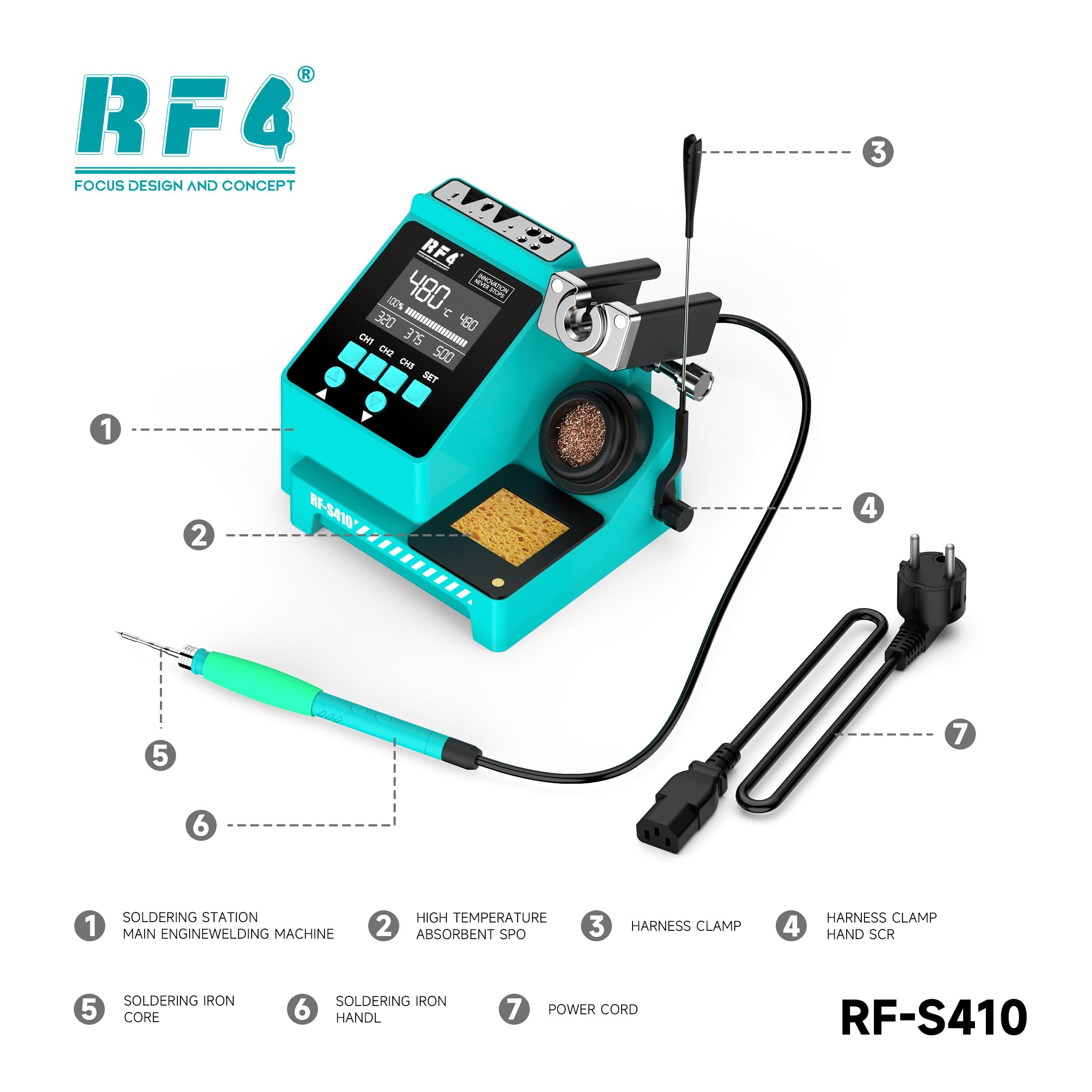 RF4 RF-S410 — itens inclusos: estação, ferro de solda, esponja, limpador de ponta, suportes e cabo de força